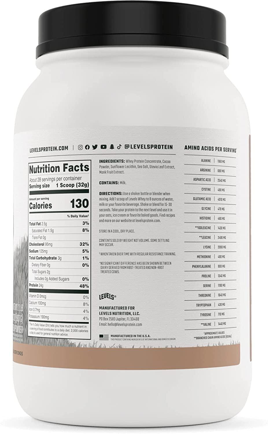 Levels Grass Fed Whey Protein 100 Pure Chocolate, No GMOs, 2LB