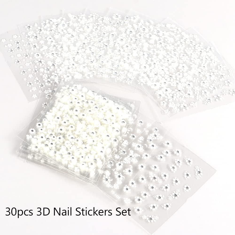White Flower 3D Nail Art Stickers with Rhinestones - 30 Sheets | Buy ...