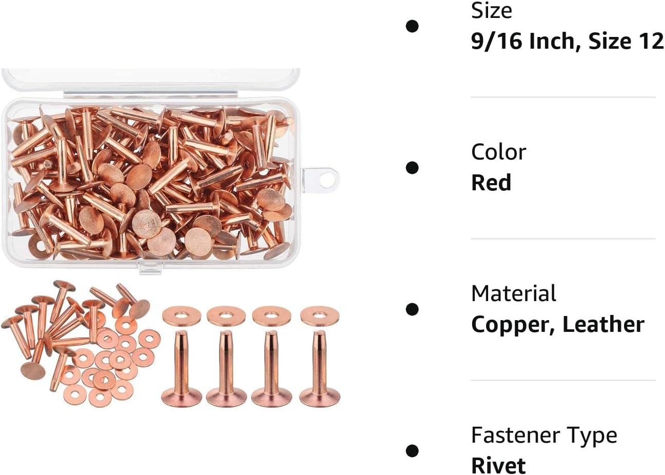 100 Sets Copper Rivets and Burrs Washers Leather Copper Rivet Fastener for  Belts Wallets Collars Leather DIY Craft Supplies (5/8 Inch, Size 9)