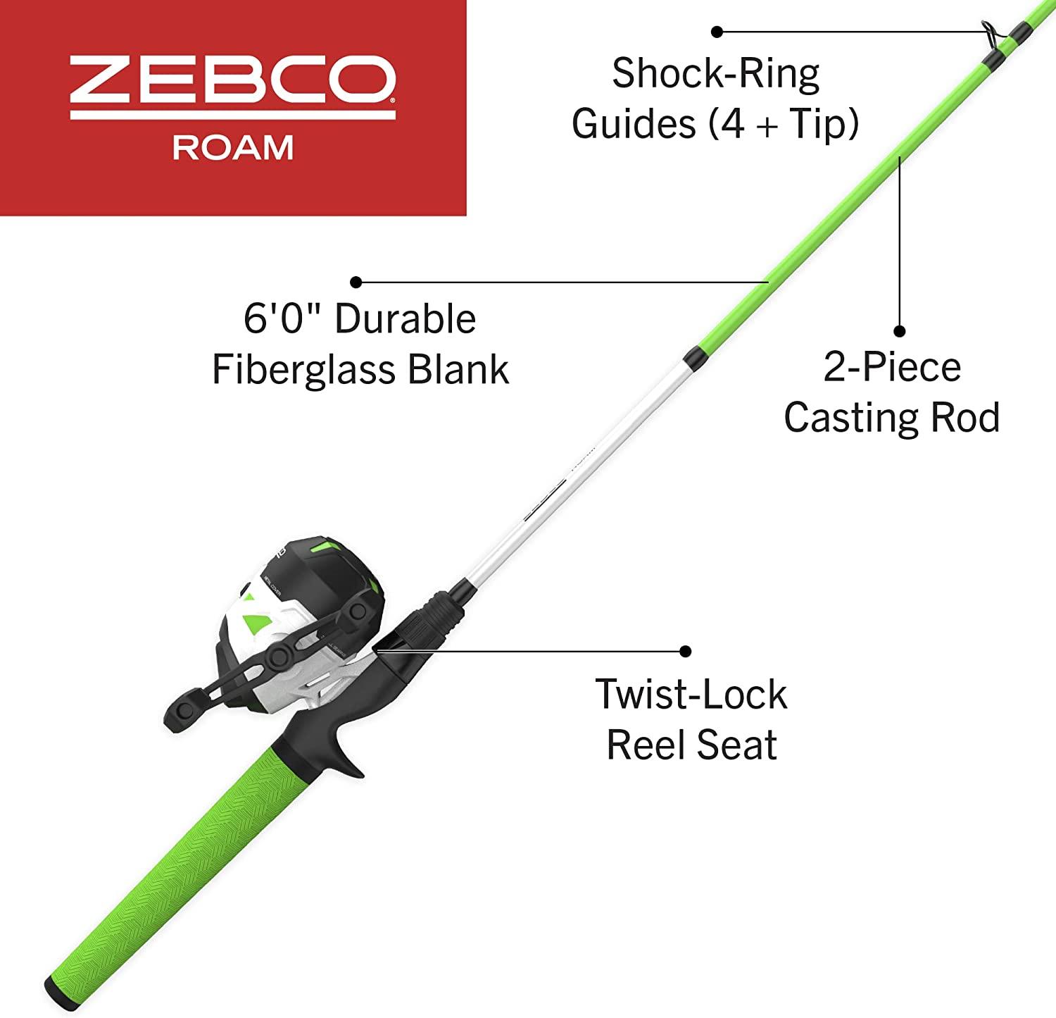 Zebco Roam Spincast Reel and Fishing Rod Combo 6-Foot 2-Piece Fiberglass  Fishing Pole with ComfortGrip Handle Green