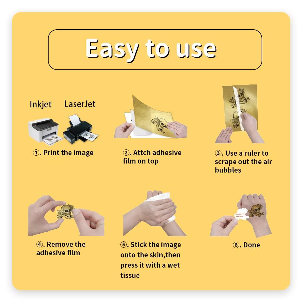 Gold Printable Temporary Tattoo Transfer Paper 10 Sets A4 Size for