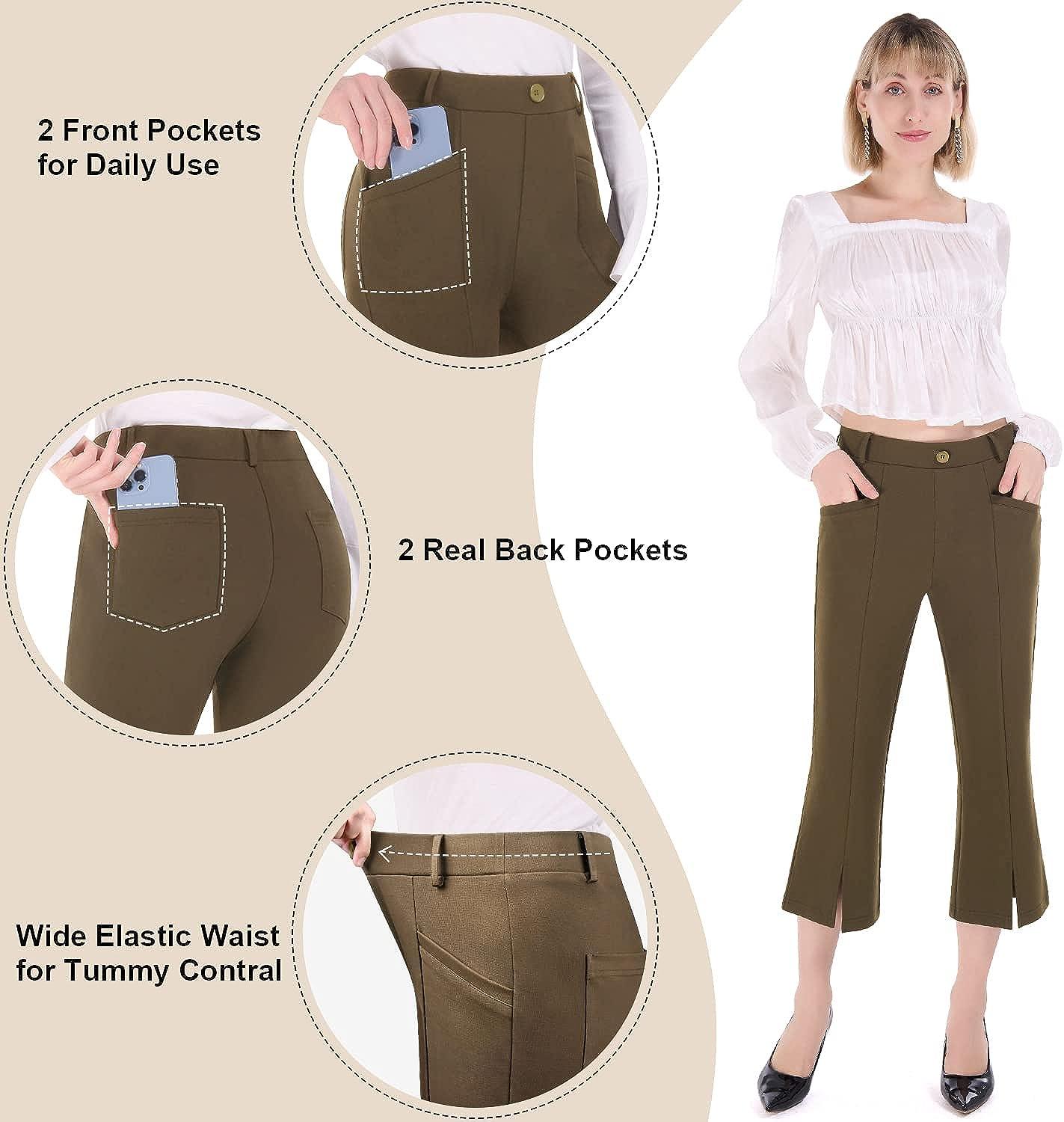 PUWEER Capri Pants for Women Dressy Business Casual Stretchy Flare Women's  Dress Pants with Pockets Summer Crop Work Capri Brown Small