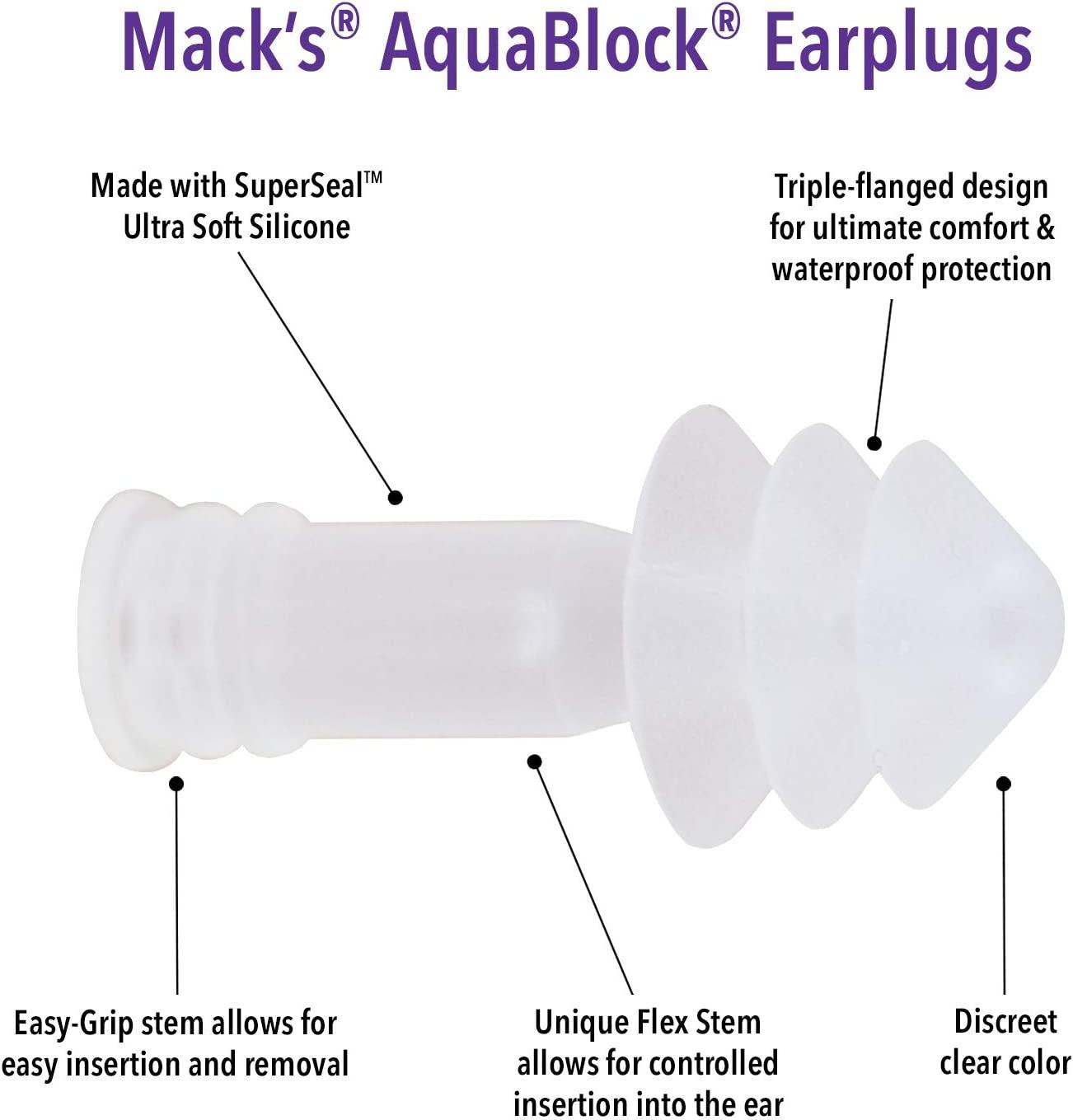 Mack's AquaBlock Swimming Earplugs, 3 Pair Comfortable, Waterproof