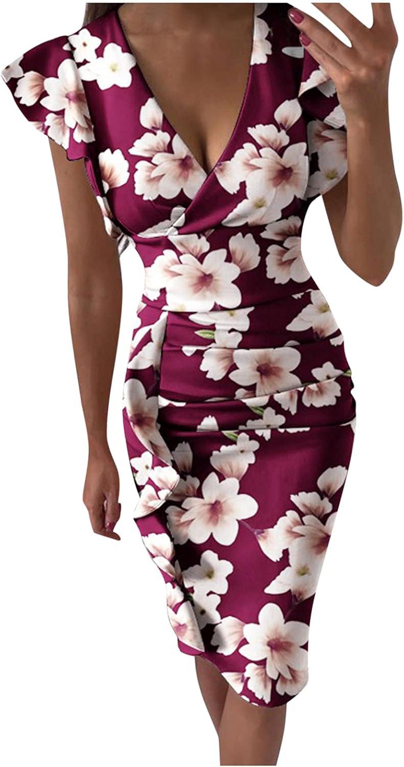 Briskorry V-neck flowers case of kneeling business dresses ladies summer elegant bustier festival dresses sexy ruffled hems moored sleeves tightness