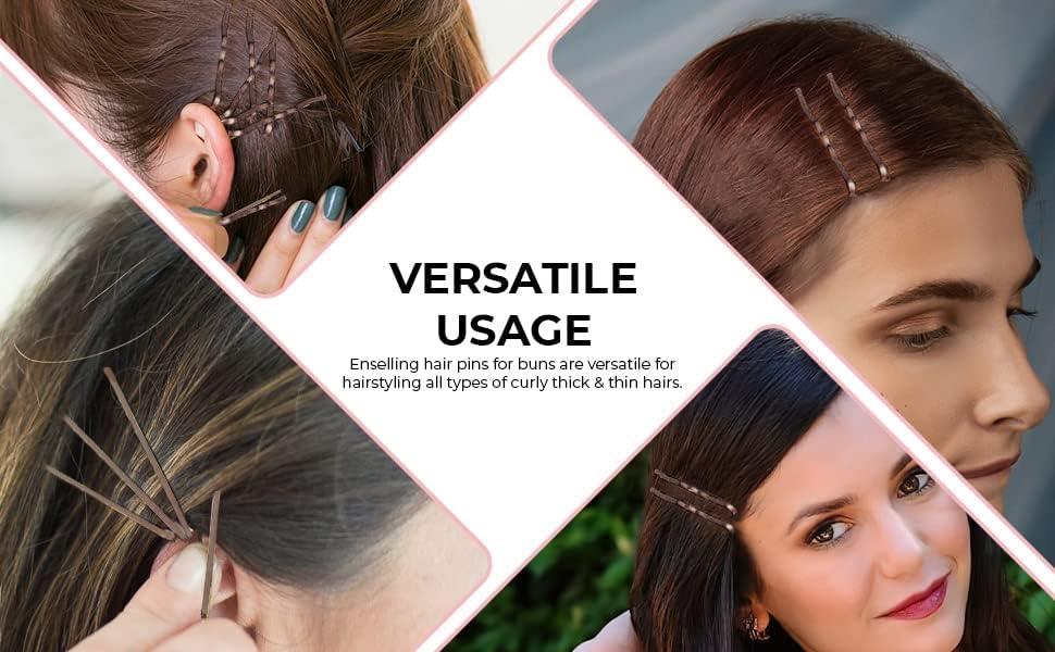 Enselling Hair Grips Pack of 150-5cm Crimped Brown Bobby Pins