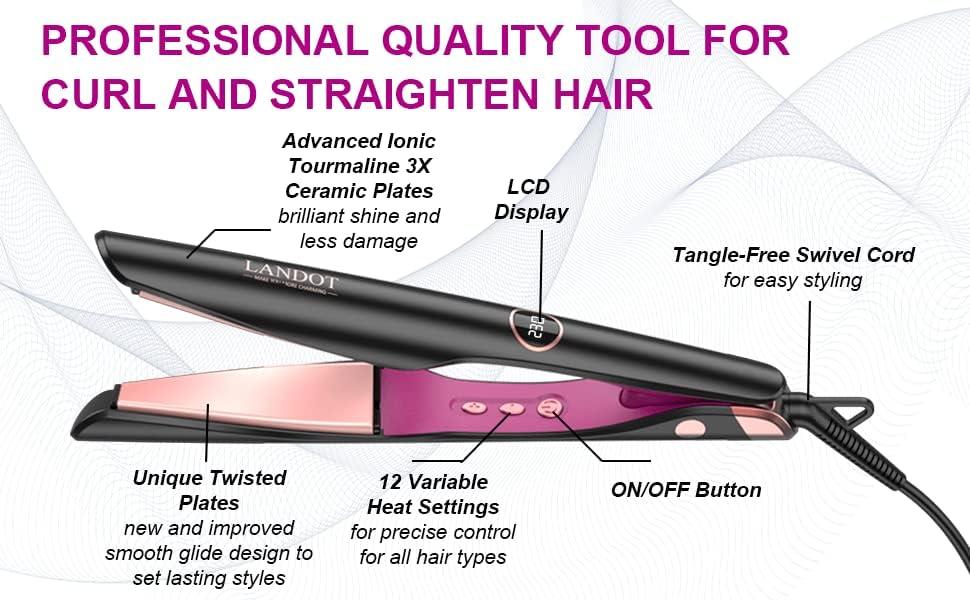 LANDOT Hair Straightener and Curler 2 in 1, Twist Flat Iron Curling