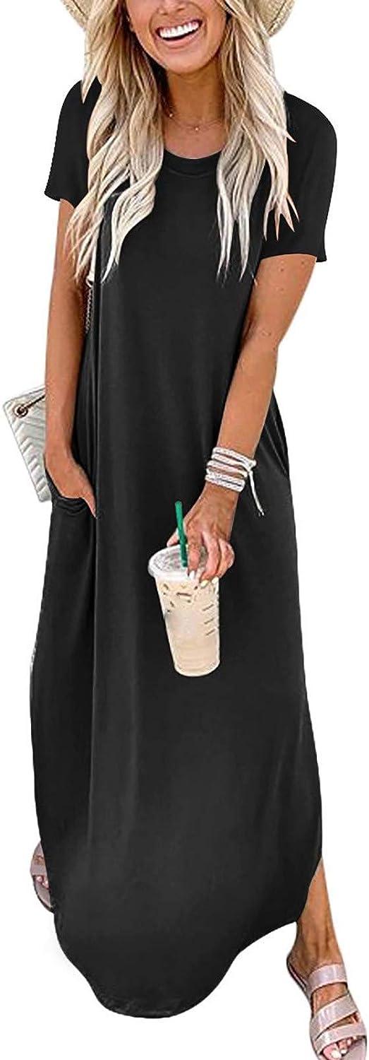 Women's Summer Maxi Split Dress Short Sleeve/Sleeveless Casual Loose Pockets Long Dresses B-black X-Large