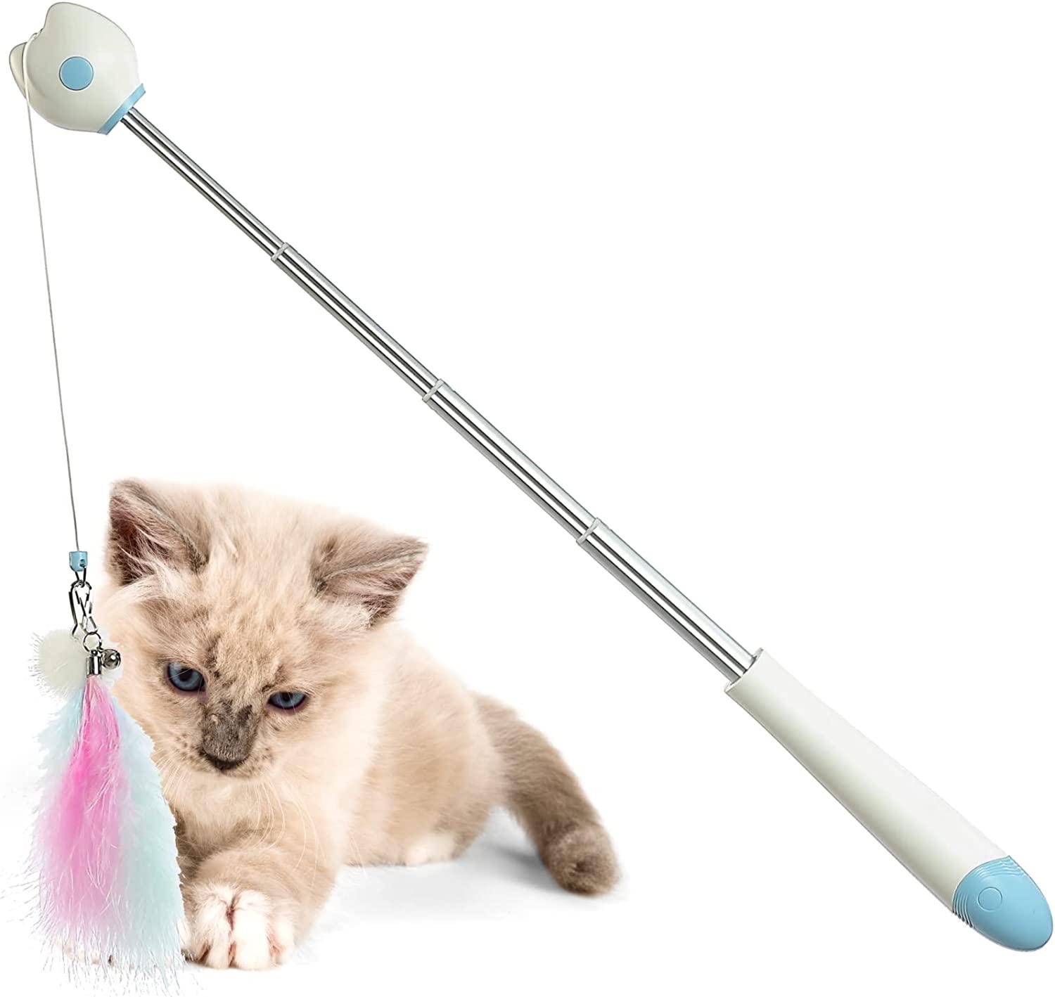 PETVERA Retractable Wand Cat Toy - Interactive Feather String Toys Indoor -  Best Teaser Laser Toy for Kitten Pack to Play Chase Fun Exercise - Stick  for Cat Fishing (Blue)