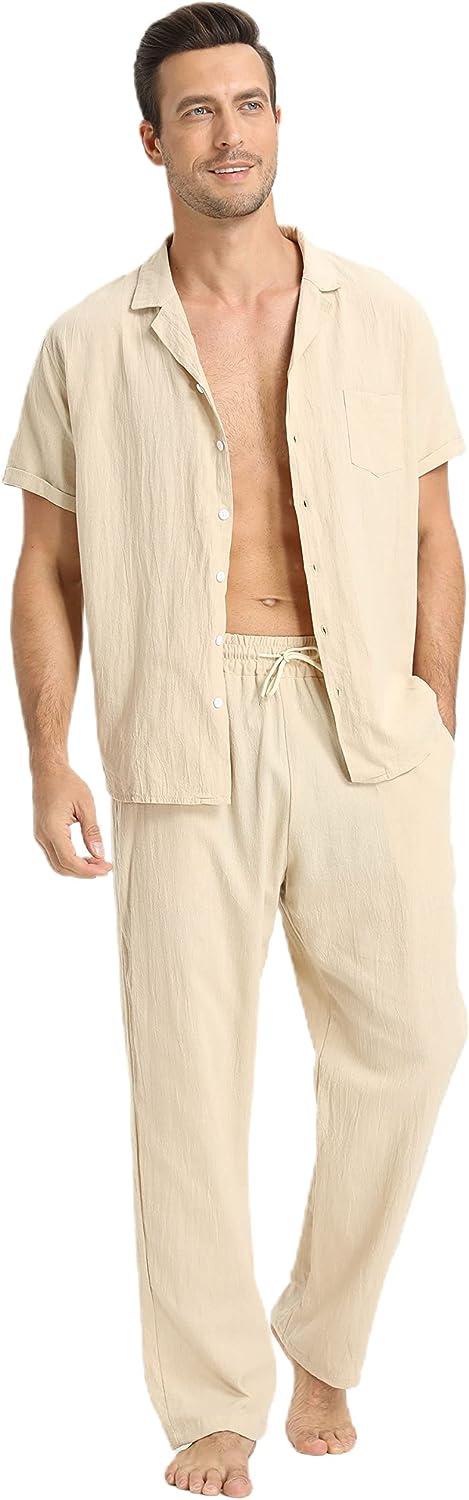 Summer Fashion Men Shirts Trousers Set Cotton And Linen Shirts Short Sleeve  Men's Casual Top Pants