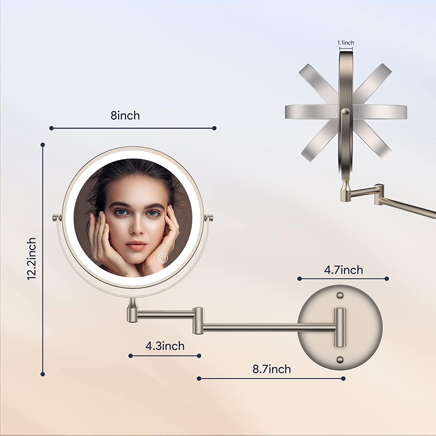 Rechargeable Wall Mounted Lighted Vanity Mirror Nickel, 8 Inch Double