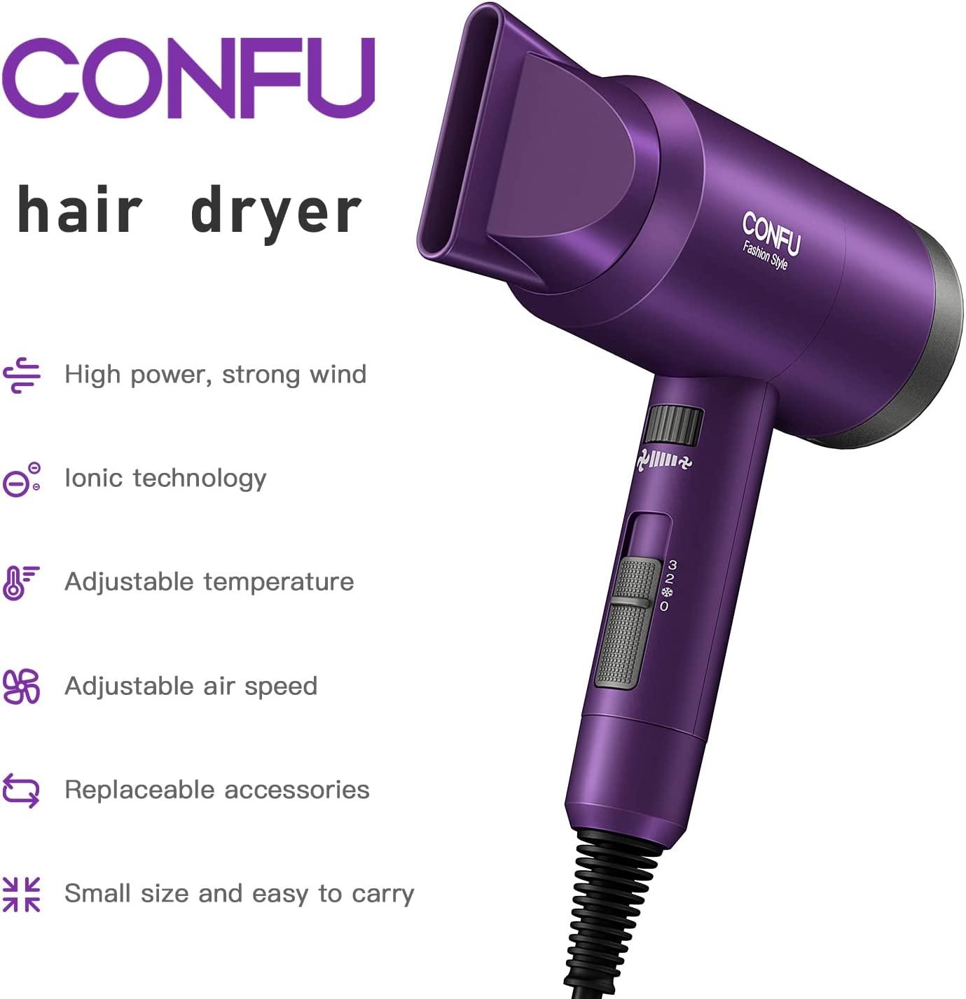 CONFU Professional Hair Dryer, Compact Blow Dryer, Negative Ionic Hair  Dryer with Diffuser and Concentrator, for Quick Drying, ETL Certified,  Purple