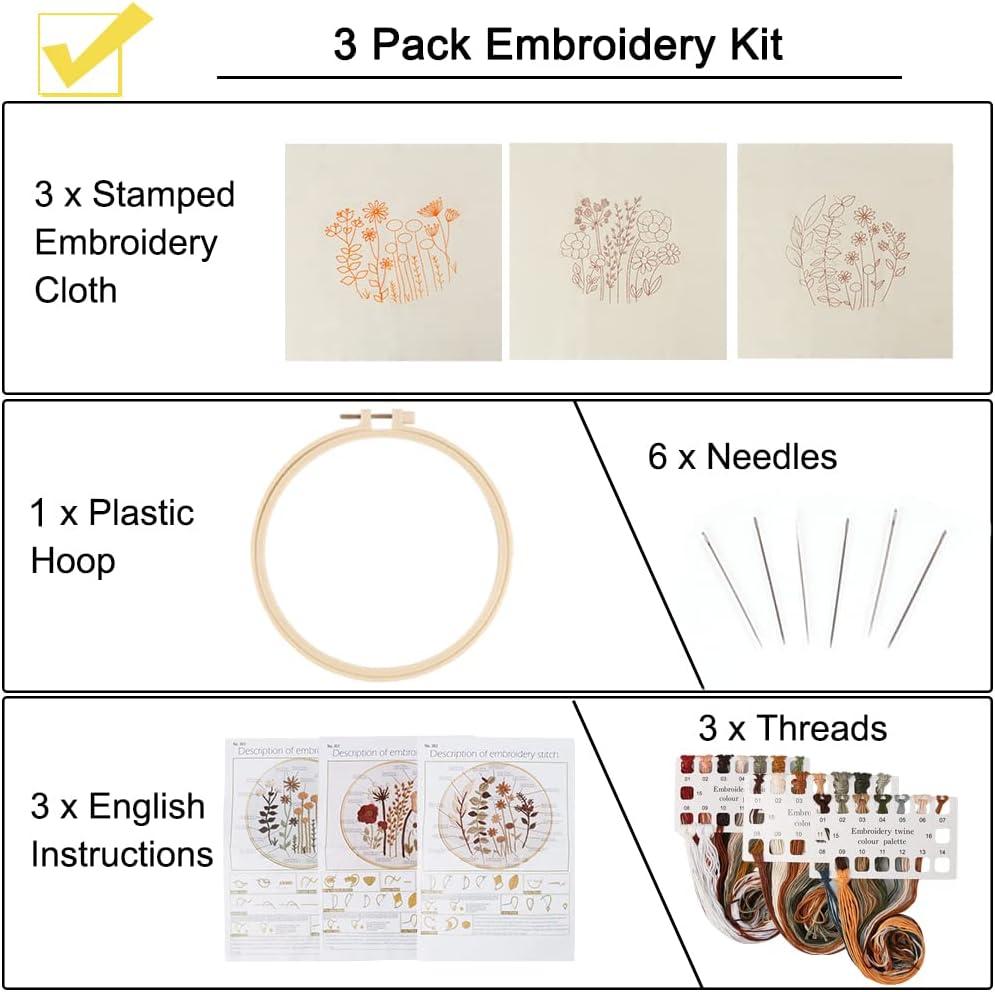 3 Embroidery Kit with 3 Plastic Hoops and Instructions, Cross