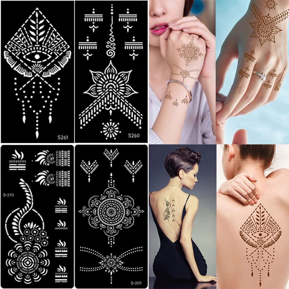 XMASIR 16 Sheets Temporary Henna Tattoo Kit, Reusable Tattoo Stencils Sets  Indian Arabian Temporary Tattoo Templates Kit for Body Hand Art