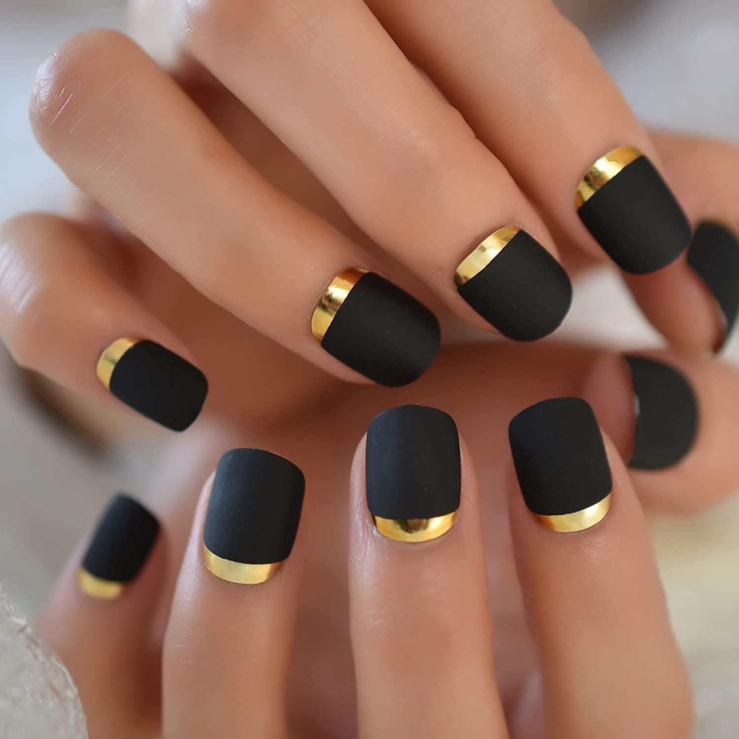 Black Matte Press On Nails With Designs Easy French Manicure Faux
