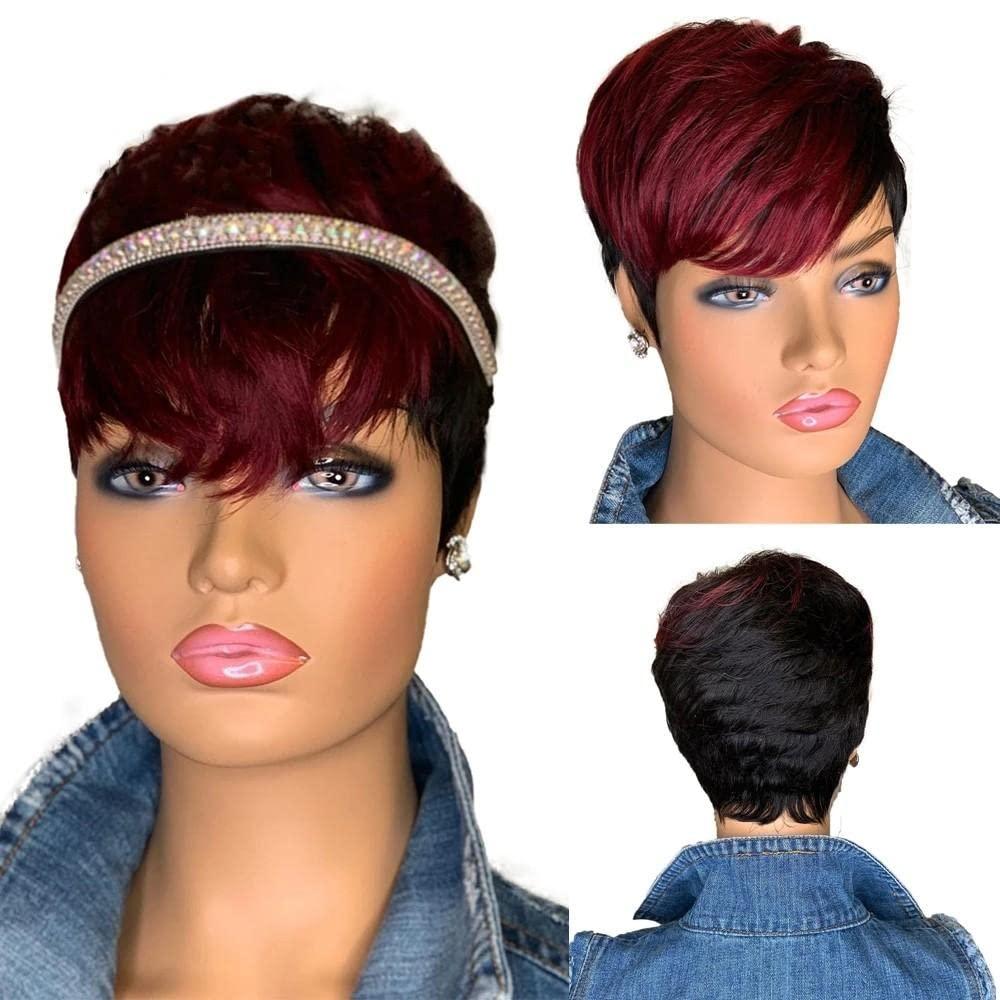 Alcobi Pixie Cut Wigs for Black Women Human Hair Short Bob Wigs with Bangs  Highlight Color Wigs Full Machine Made Non Lace Layered Style African  American Red Burgundy 99J Ombre Color 8