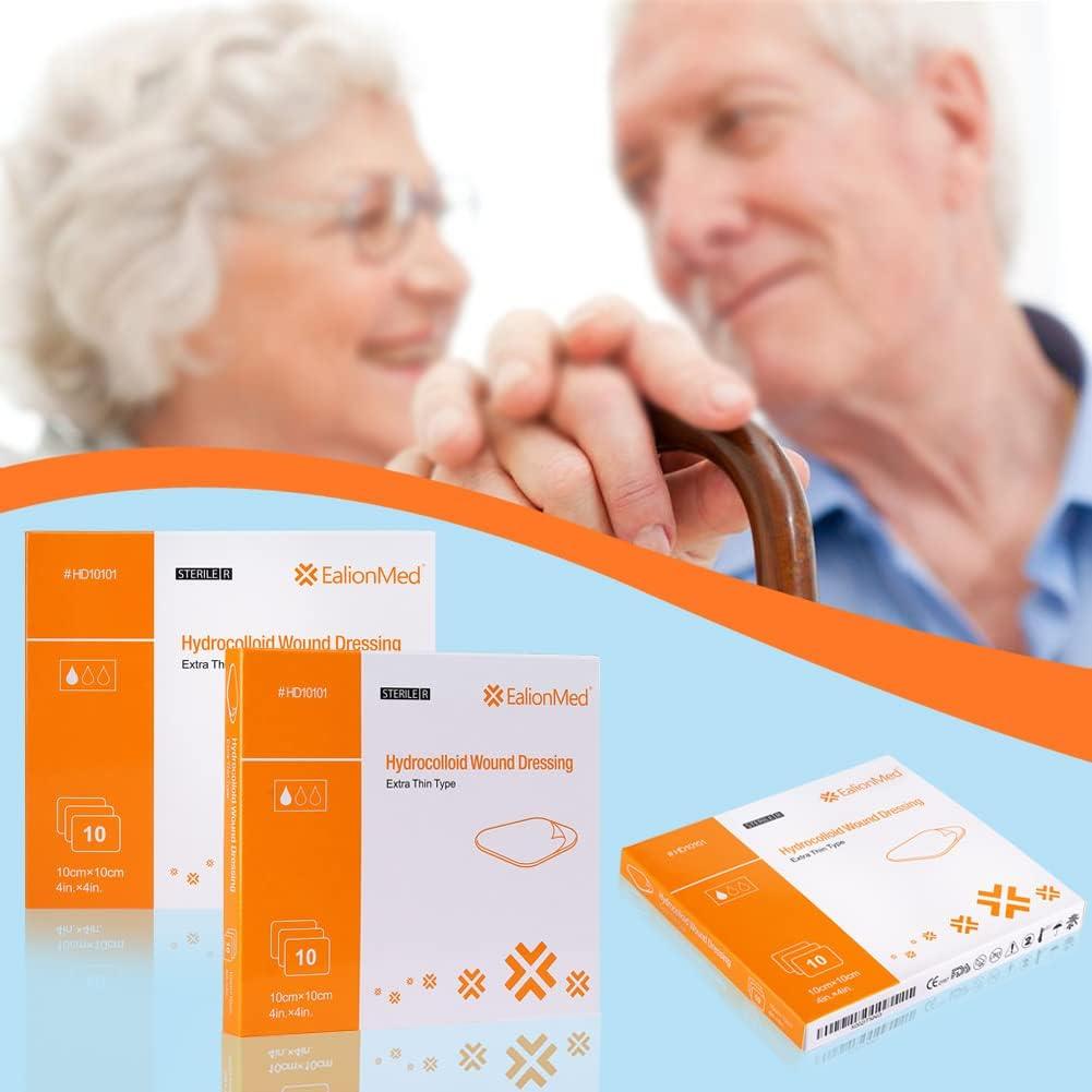 Hydrocolloid Thin Wound Dressing 4'' x 4'' 10 Pack Ideal for Pressure Ulcers, Bed Sores