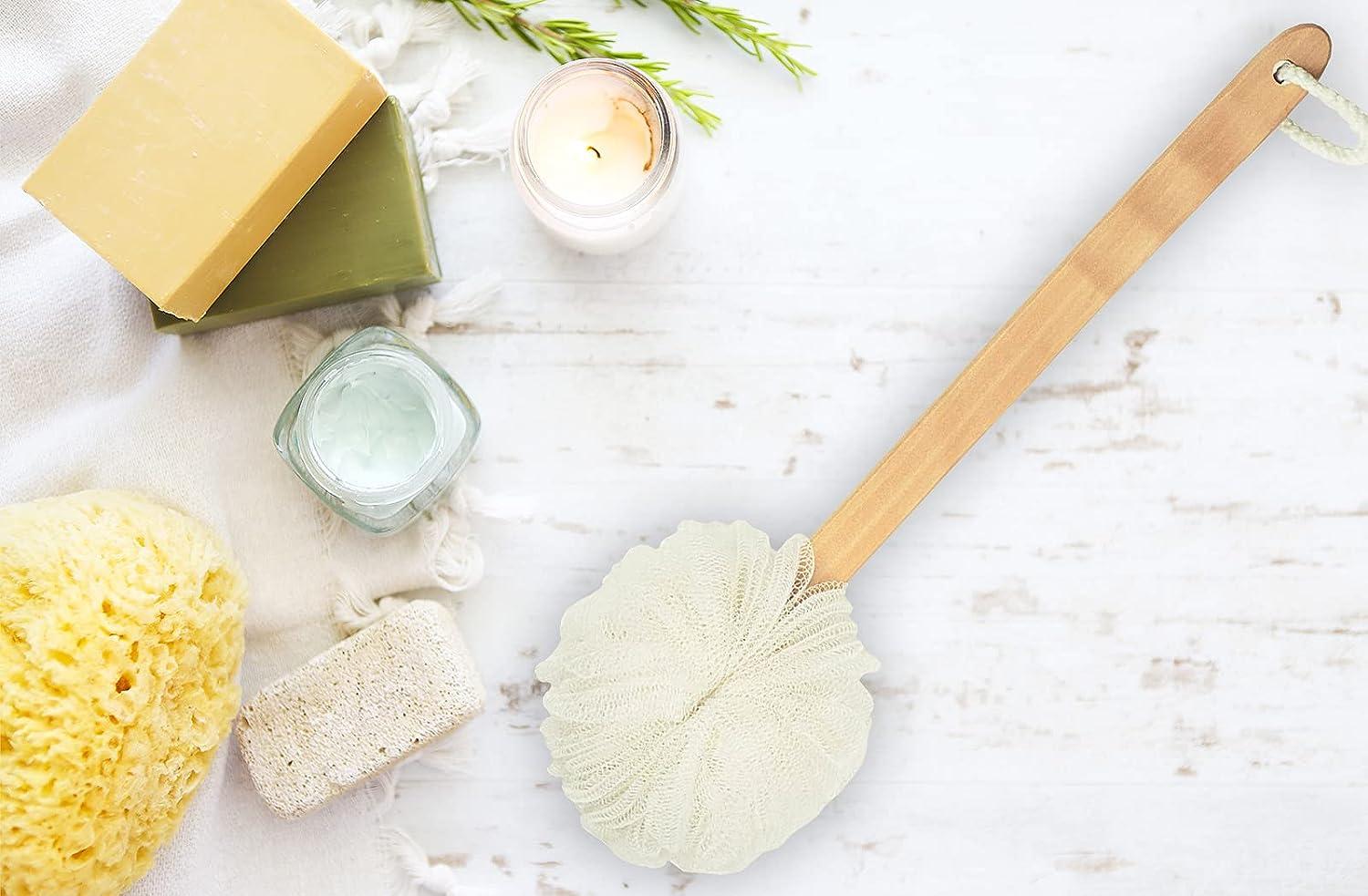 DecorRack Bath Sponge with Wooden Handle Shower Loofah Brush for