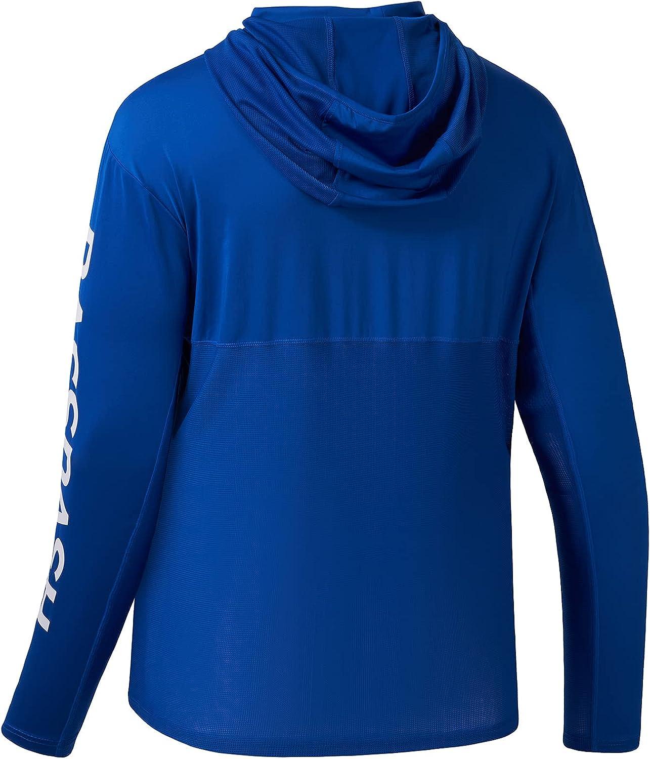BASSDASH UPF 50+ Mens UV Sun Protection Long Sleeve Performance Fishing  Hoodie Hooded Shirts Royal Blue/White Logo Medium