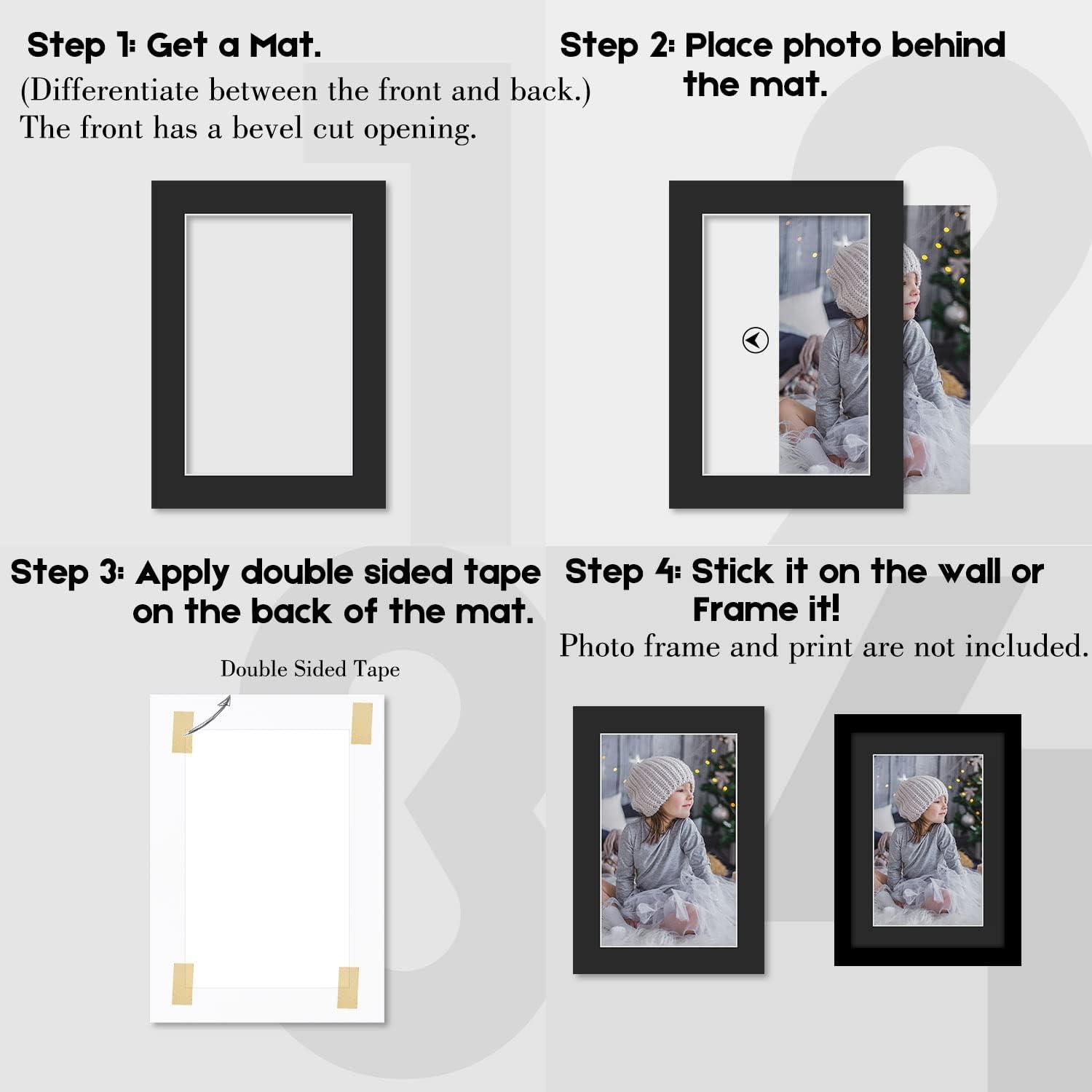  Acid Free 5 Pack 11x14 Pre-Cut Mat Board Show Kit for 8x10  Photos, Prints or Artworks, 5 Core Bevel Cut Matts and 5 Backing Boards and  5 Crystal Plastic Bags, Black 