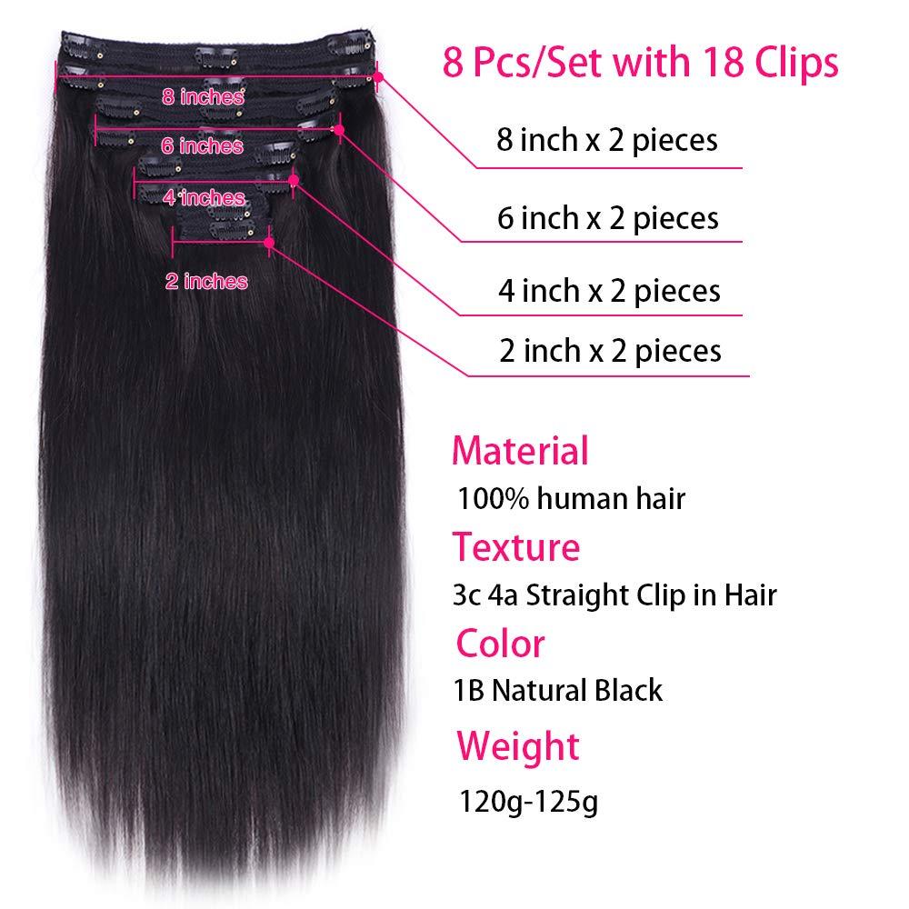 Nvnvdij Straight Clip in Hair Extensions Human Hair 8pcs Per Set with  18Clips Double Weft Clip in Human Hair Extensions Brazilian Virgin Human  Hair Natural Black Color For Women (18 Inch, Straight