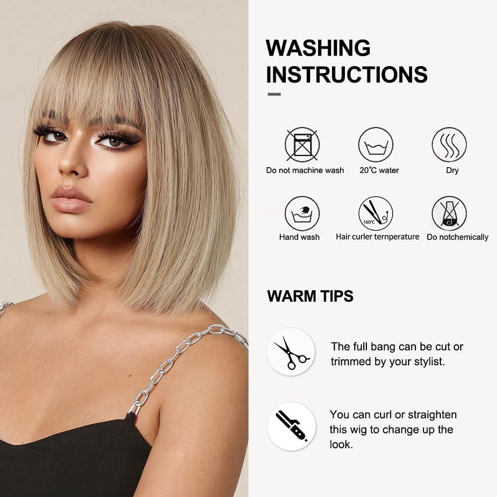 OUFEI Ombre Blonde Bob Wig with Bangs - Short Straight Synthetic Hair Wig for Women - Ideal for Daily Wear, Parties, and Cosplay | Buy Now with Express International Delivery | GoSupps.com