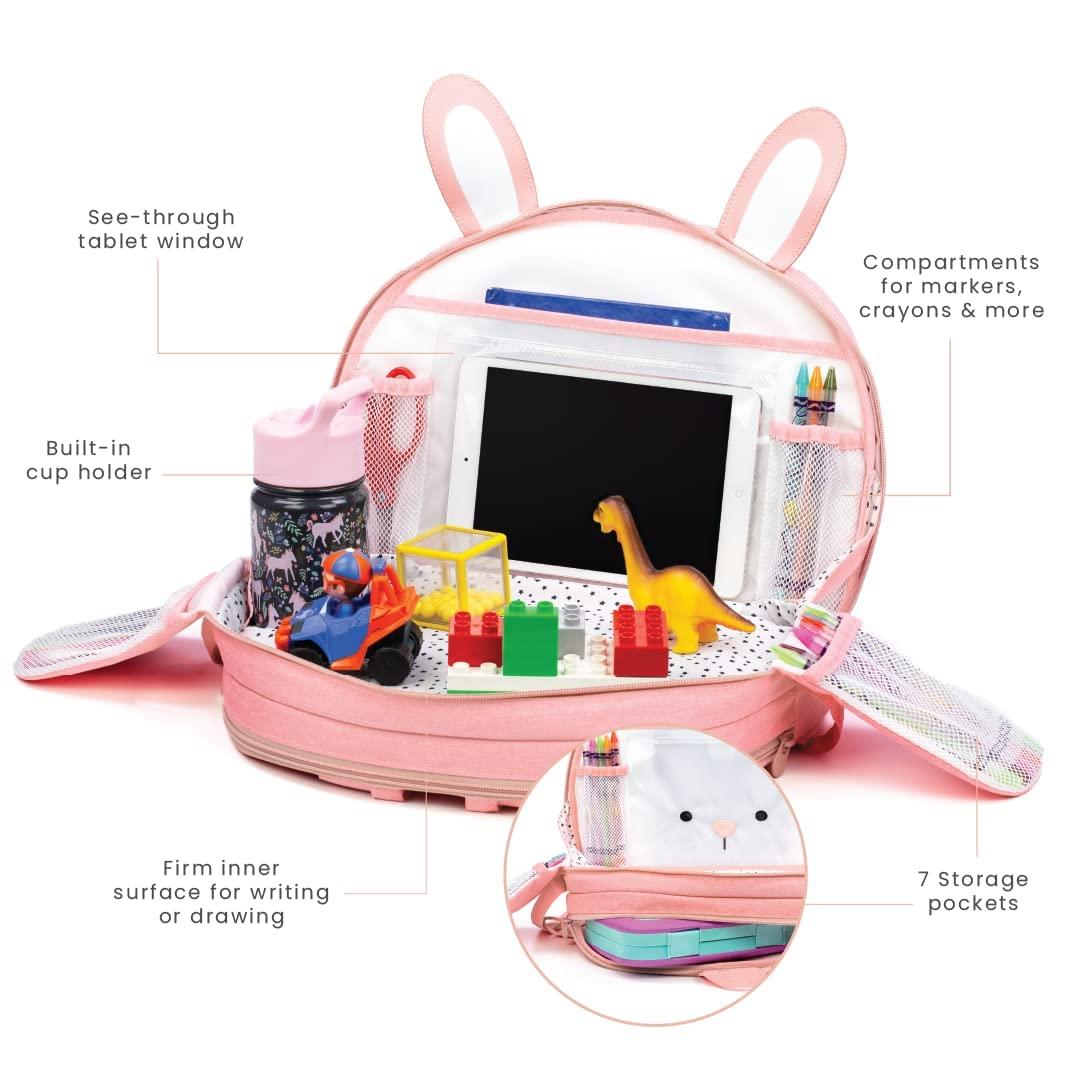Lulyboo Toddler Car/Airplane Travel Activity Tray and Backpack with Firm  Writing Surface, Built In Cup Holder and 7 Storage Pockets with Tablet  Window, Bunny