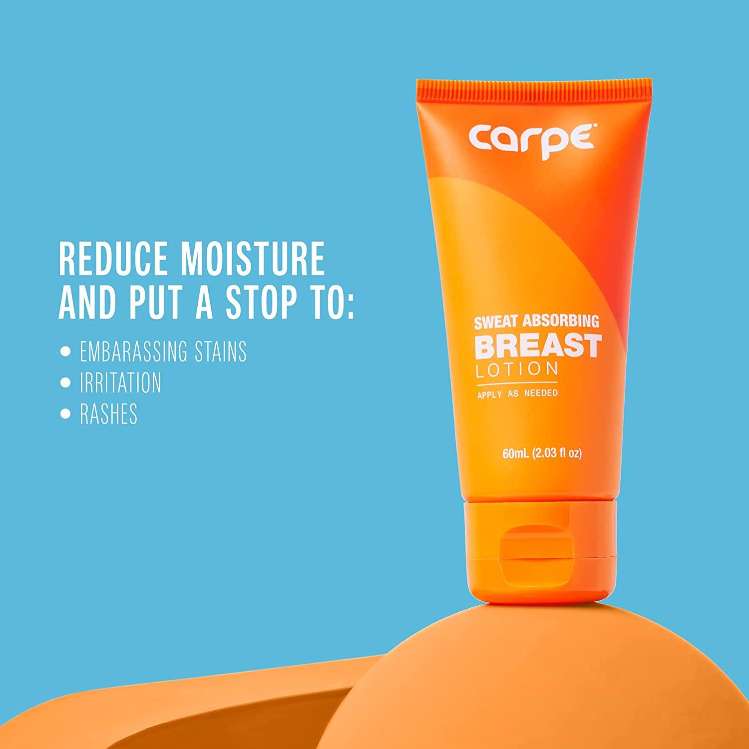 Carpe No-Sweat Breast - Helps Keep Your Breasts and Skin Folds Dry - Sweat  Absorbing Lotion - Helps Control Under Breast Sweat - Great For Chafing and  Stain Prevention 2.03 Fl Oz (Pack of 1)