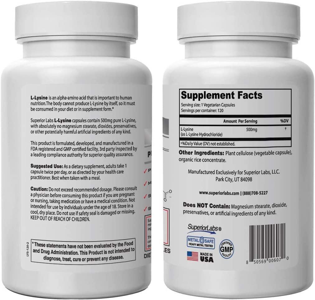 Superior Labs Best LLysine NonGMO Dietary Supplement 500 mg Pure