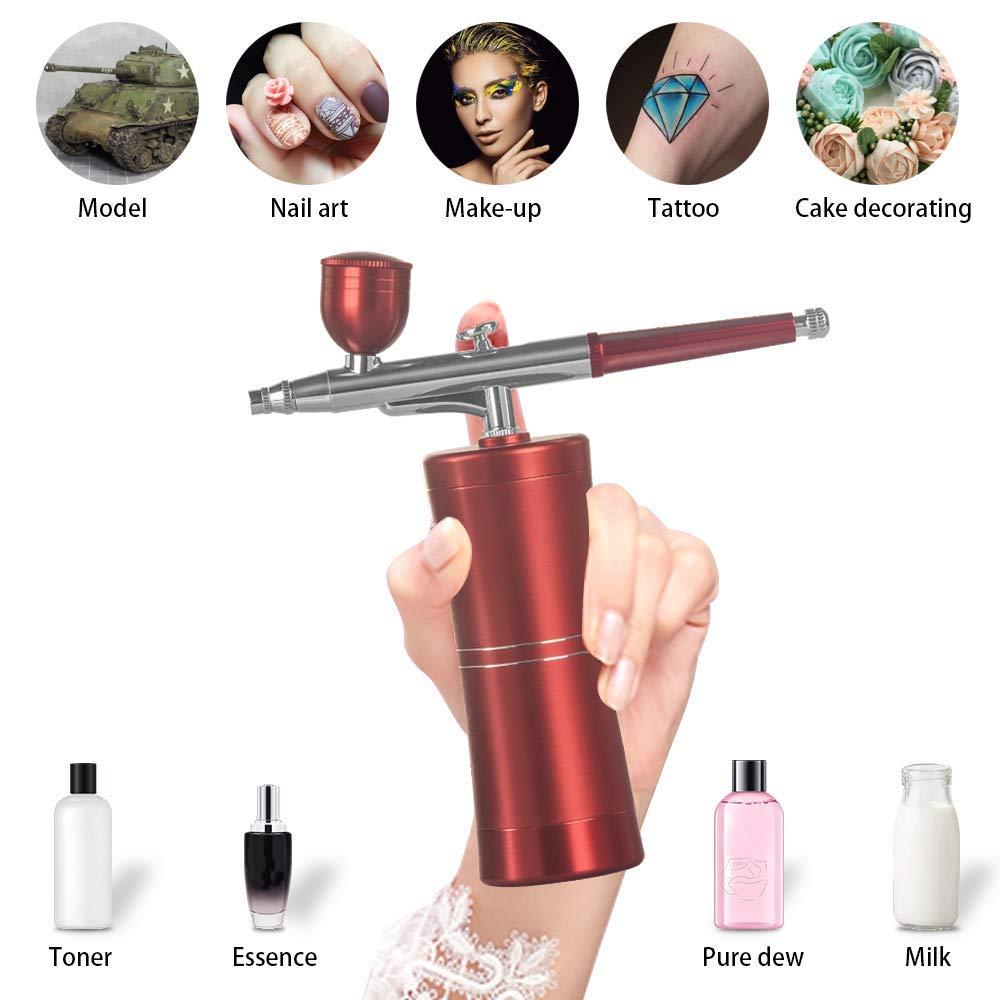 Cordless Airbrush,Mini Air Compressor Spray Gun Airbrush Kit with Cleaning  Tools for Paint Cake Barber Art Tattoo and Nail Design (Red)