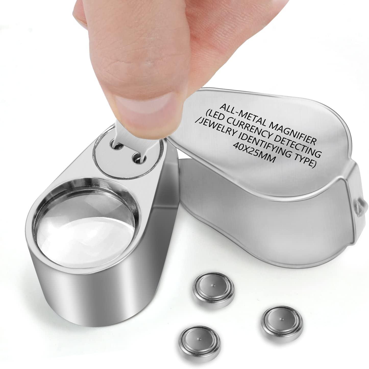 40x Full Metal Jewelry Loop Magnifier, Pocket Jewelers Eye Loupe, Best Magnifying Glass Folding LED/UV Illuminated Magnifiers for Rocks,Coins, Stamps