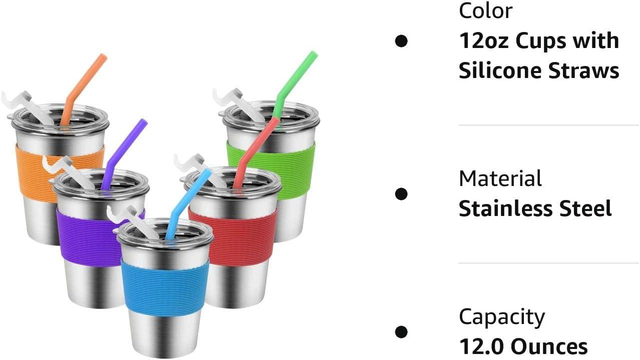 5Pack Kids Cups with Straws and Lids Spill Proof, 12oz Toddler Straw Cups  with Colorful Silicone Sleeves, Unbreakable Stainless Steel Water Tumblers