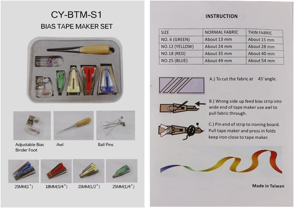 Exsart Fabric Bias Tape Makers Kit Set,6mm/12mm/18mm/25mm,Single/Double  Fold Bias Tape Maker Set for DIY Sewing