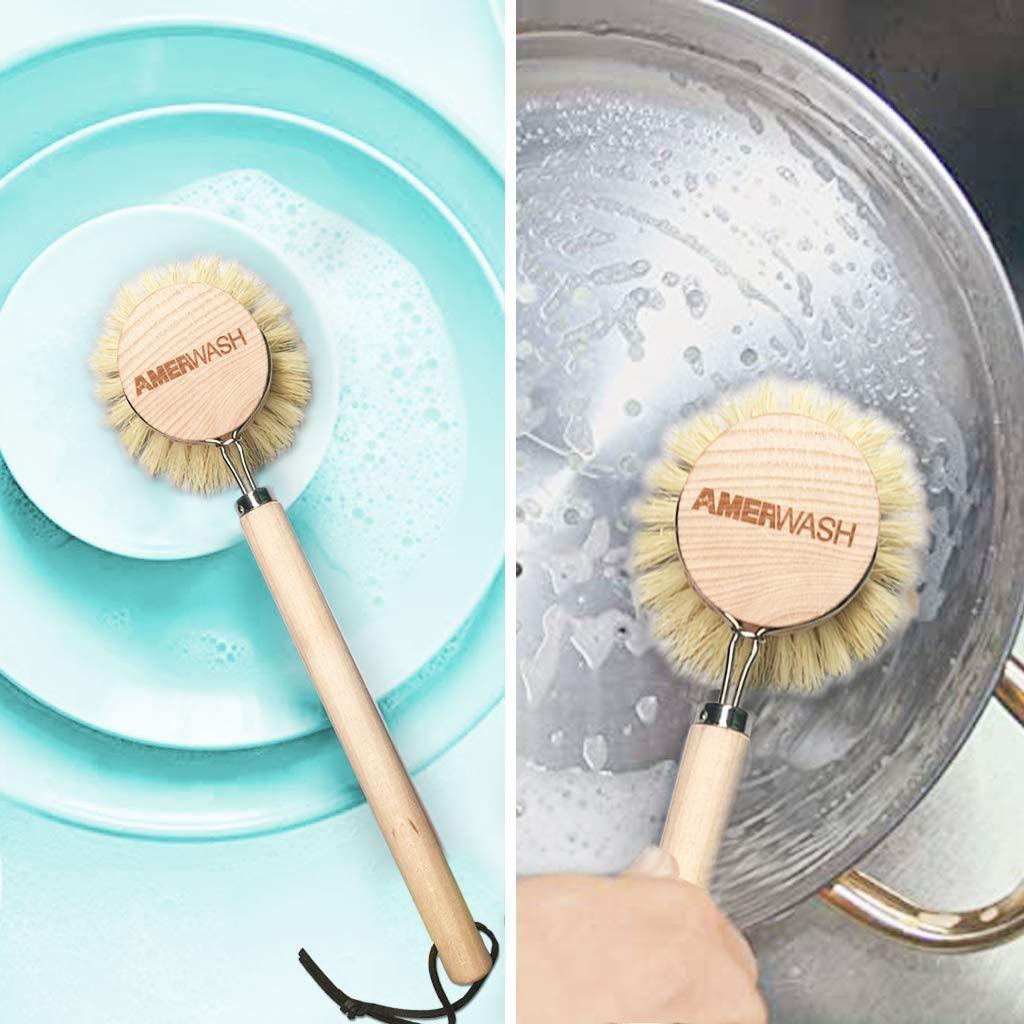 Dish & Pot Scrubber - Hand-held Bamboo Dish Brush with Replaceable Bristle  Head - What's Good