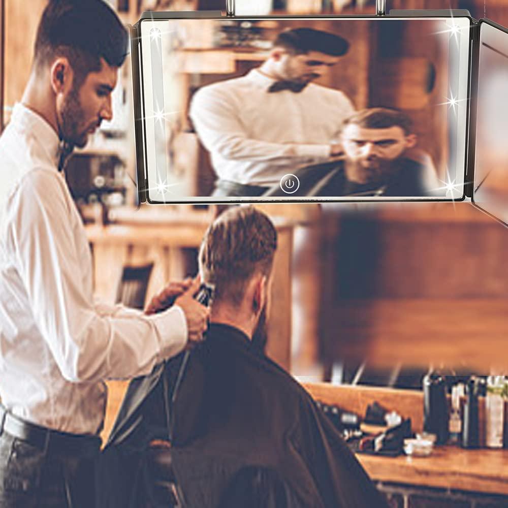 3 Way Mirror for Hair Cutting, Angilifan 360° Illuminated Trifold