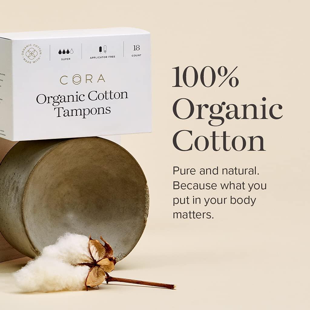 Cora 100% Organic Cotton Non-Applicator Tampons, Regular/Super Absorbency, Applicator-Free, Leak Protection, Ultra-Absorbent, Unscented
