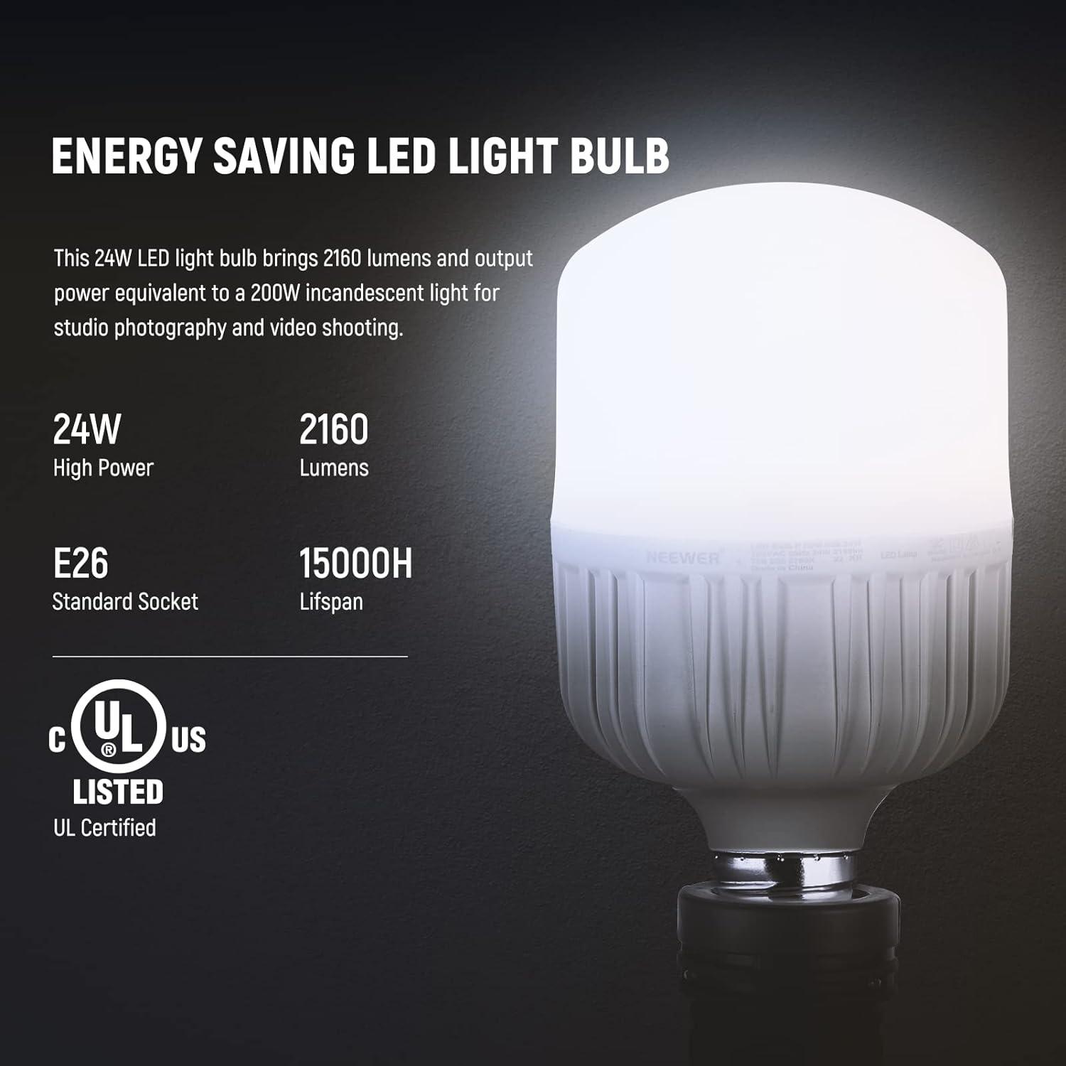 Neewer E26 24W LED Light Bulbs 2 Packs 2160 Lumens/5700K/CRI 93+/