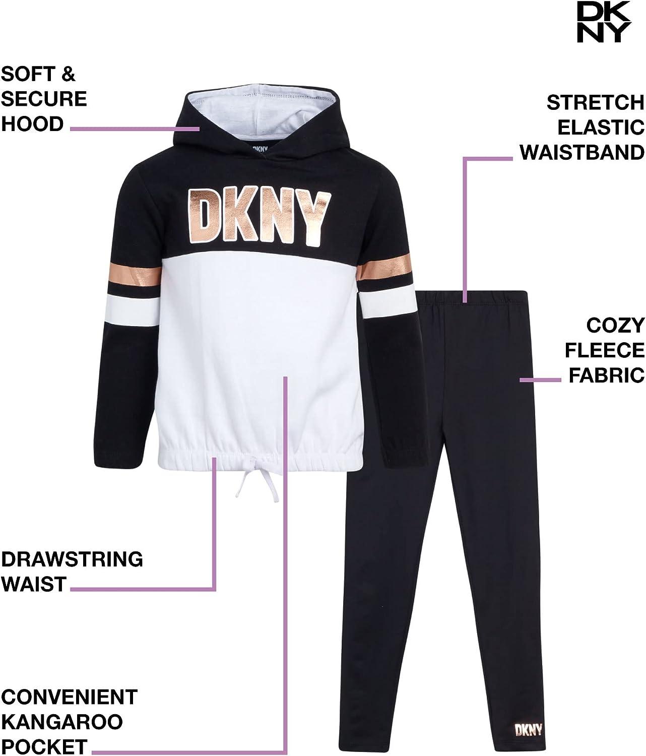DKNY Girls' Leggings Set - 2 Piece Fleece Pullover Sweatshirt and Stretch  Leggings Black/White 7
