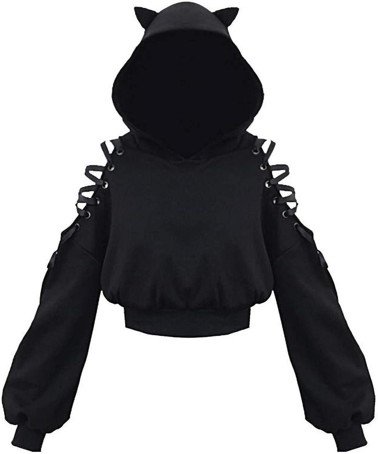 Long Sleeve Cat Hoodie for Teen Girls Y2k Cute Cat Ear Pullover Gothic off  Shoulder Lace Up Sweatshirts Crop Tops A Black XX-Large