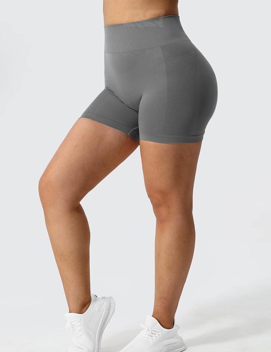QOQ Women Seamless Scrunch Gym Workout Shorts High-Waisted Butt Lifting  Fitness Shorts #4 Solid Light Grey Large