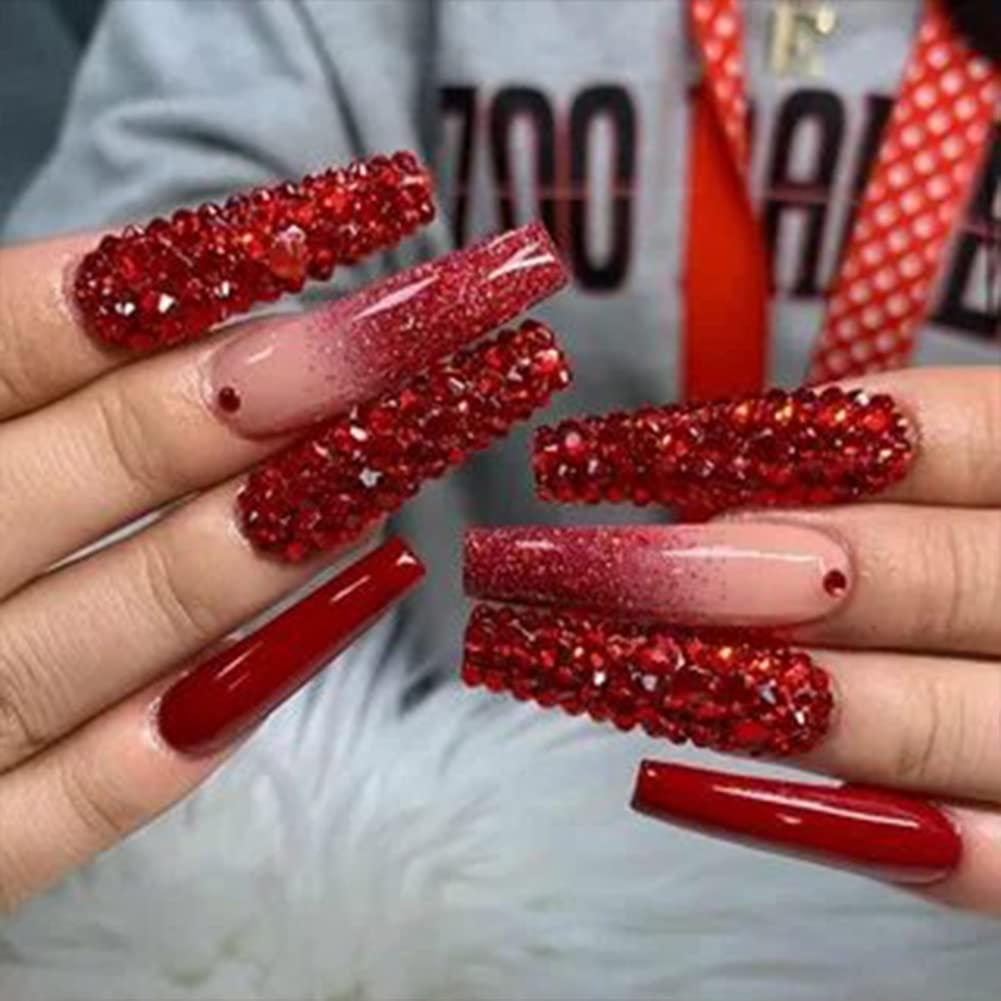 Red Nail Designs With Rhinestones  Red acrylic nails, Red christmas nails,  Red nails
