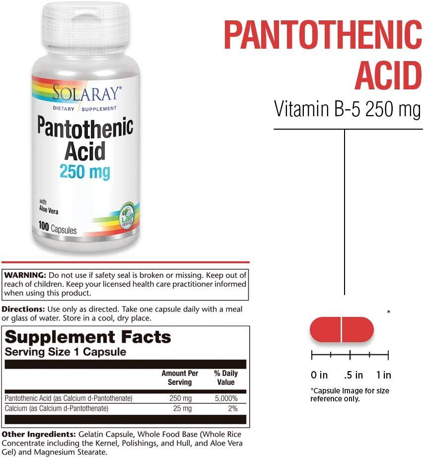 Solaray Pantothenic Acid 250mg | Vitamin B5 | Energy Metabolism, Hair,  Skin, Nails & Digestive Support | 100CT