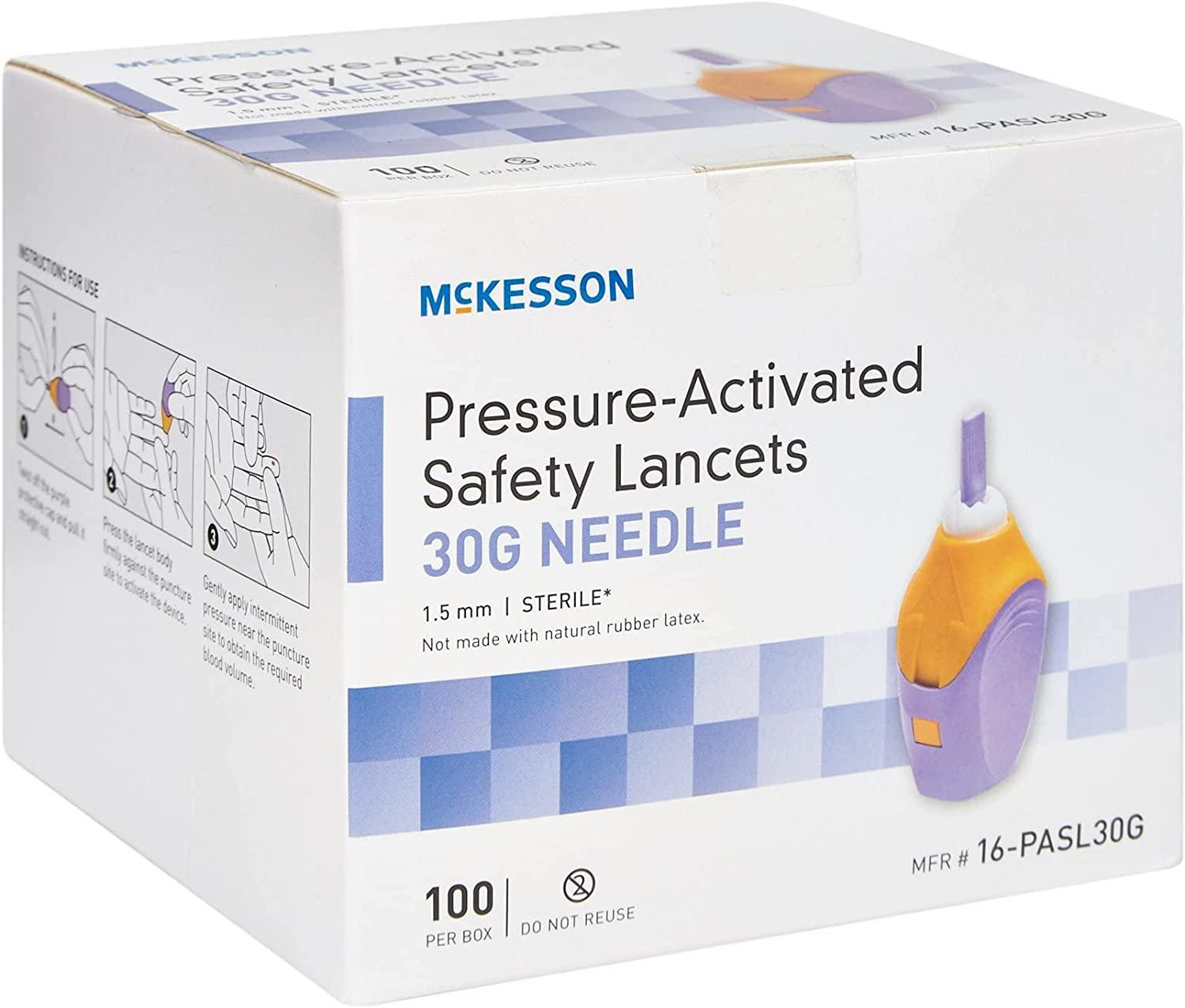 McKesson Safety Lancets, Sterile, PressureActivated, 30 Gauge Needle, 1.5 mm, 100 Count, 1 Pack