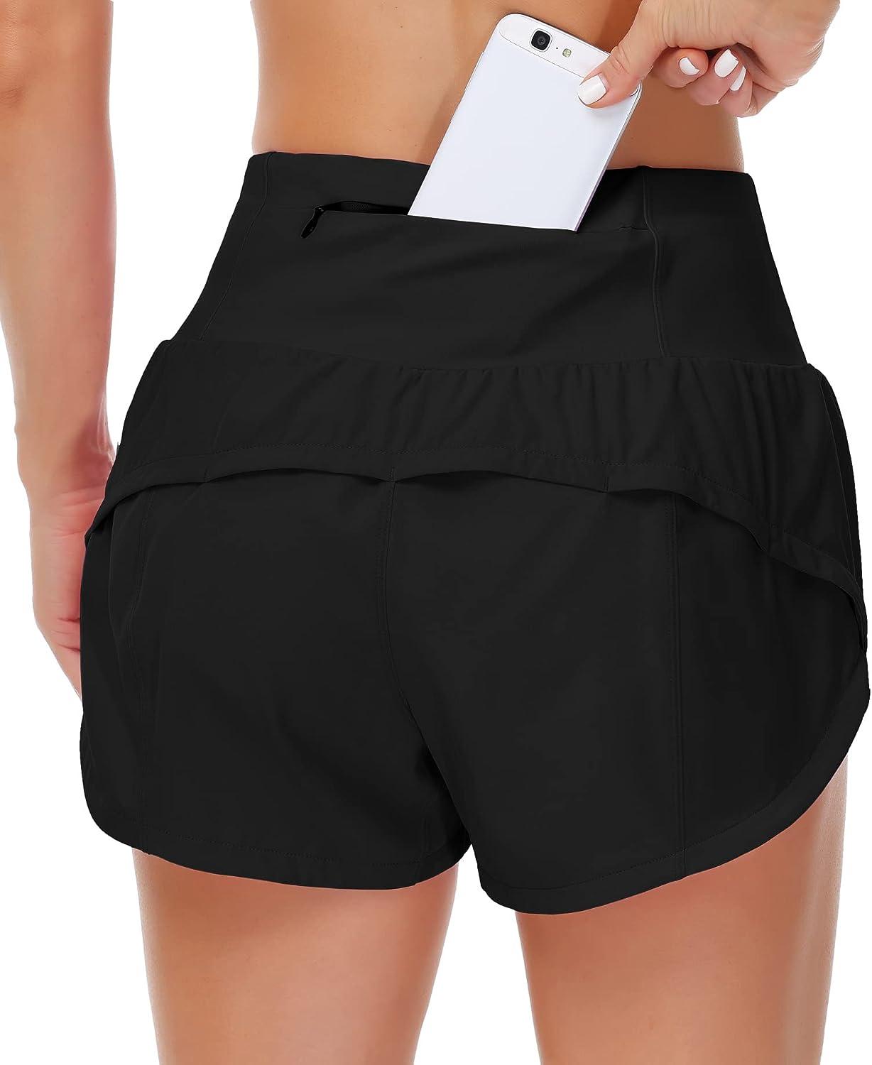 Origiwish Women's High Waisted Running Shorts with Liner Quick Dry Athletic  Workout Shorts Zipper Pockets Small Black