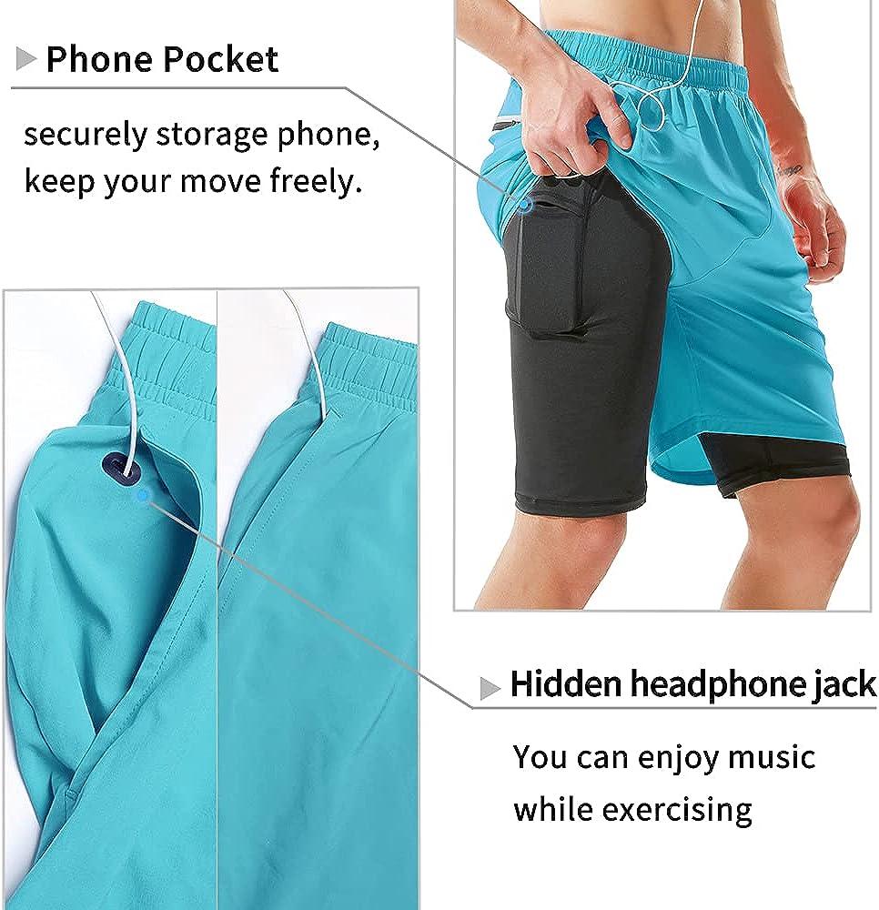TENJOY Men's 2 in 1 Running Shorts 7 Quick Dry Gym Athletic Workout Shorts  for Men with Phone Pockets Light Blue Large