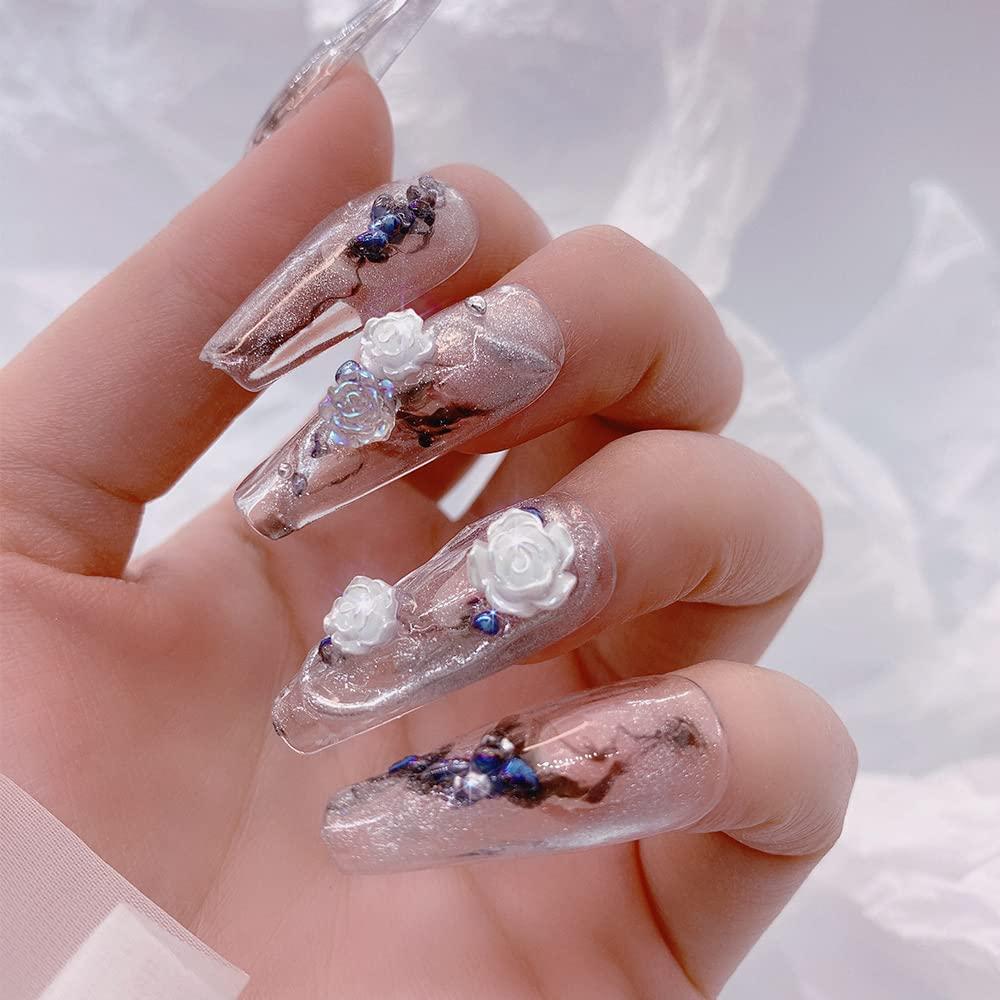 Make It With Me: 3D acrylic nail art, White rose on blue tip.