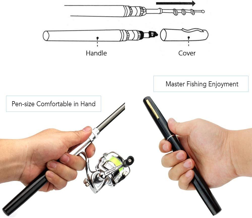 Pocket Collapsible Fishing Rod Reel Combo Mini Pen Fishing Pole Kit  Telescopic Fishing Rod Spinning Reel Combo Kit Black 1.4m