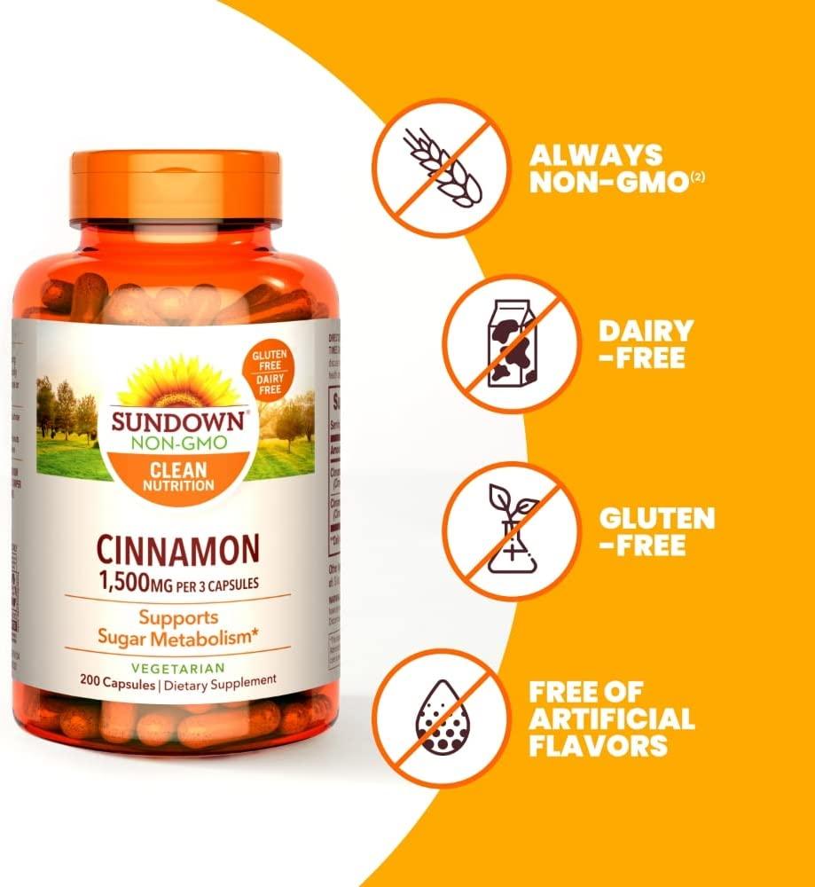 Sundown Cinnamon Capsules, Supports Sugar Metabolism, NonGMO, GlutenFree, DairyFree, 200 Ct