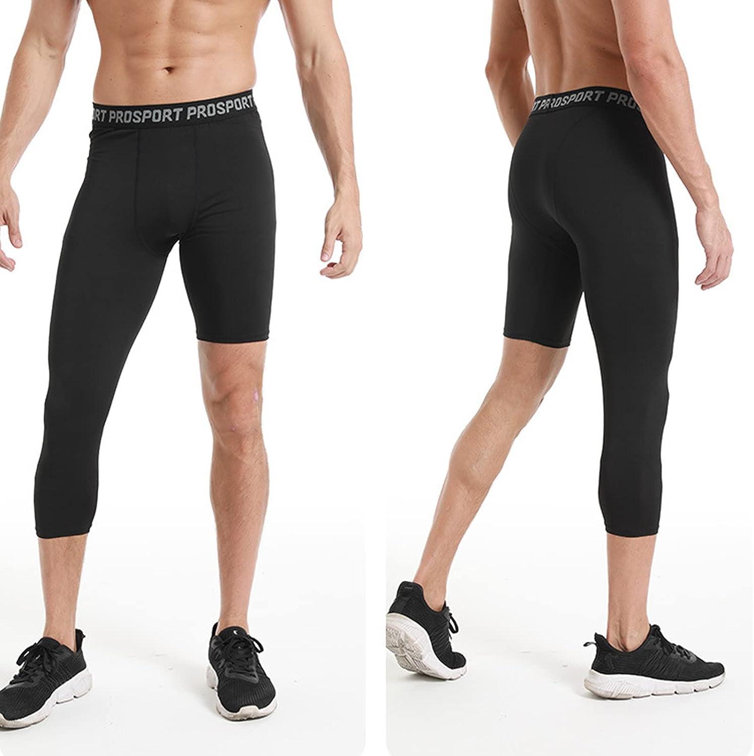 Mens One Leg Compression 3/4 Capri Tights Pants Athletic