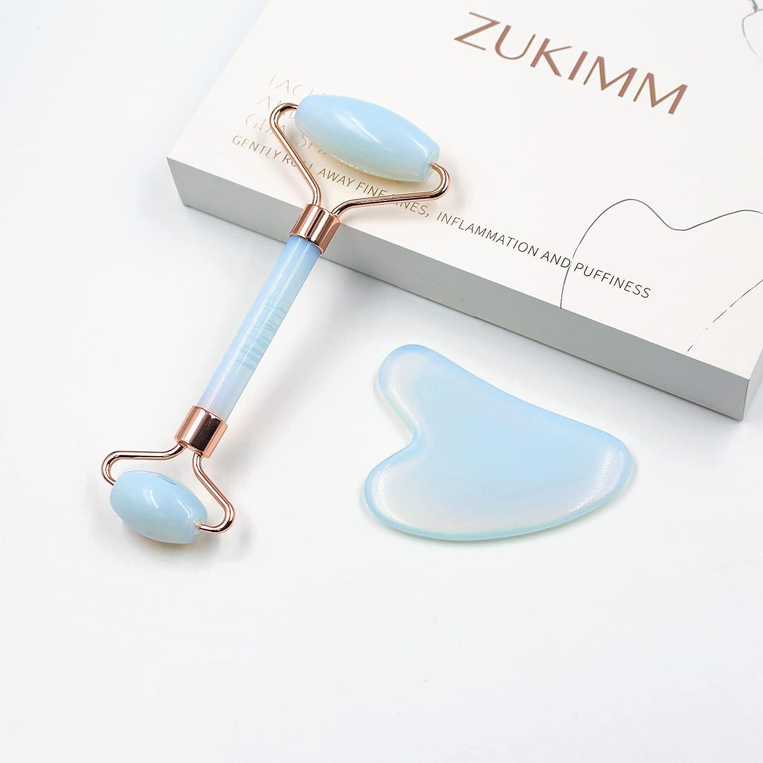 ZUKIMM Jade Facial Roller and Gua Sha Stone Set Face Roller and