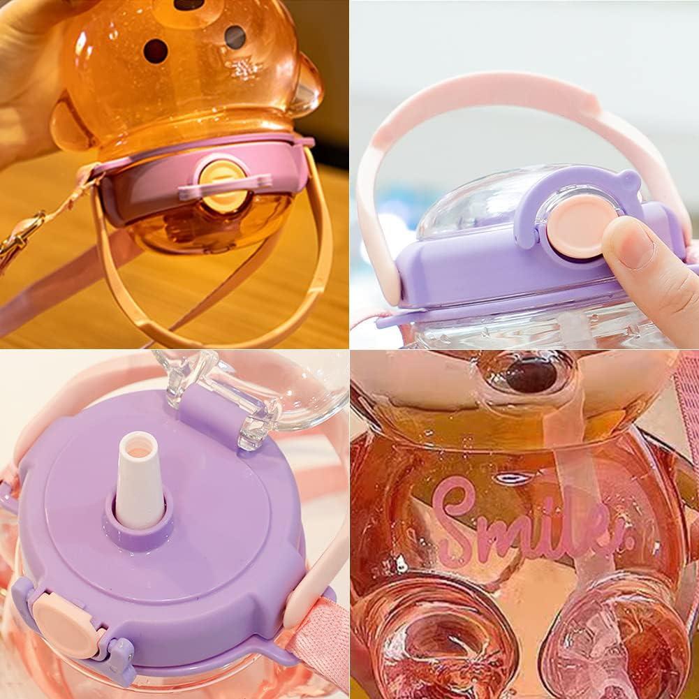 Bear Straw Bottle, Bear Water Bottles with Adjustable Shoulder Strap Cute  Stickers,Portable Drinking Cup for Girls Boys School Office Travel